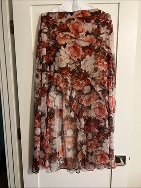 Baevely Floral Sheer High-Low Skirt in Rust, Brown & Cream